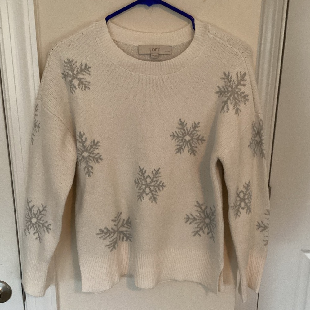 LOFT Cream Sweater with Gray Snowflake Pattern, petite XS